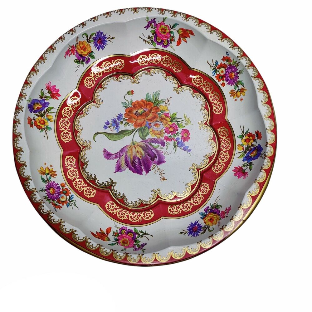 Daher White Red Gold Decorated 1971 10in Tin Metal‎ Serving Bowl Tray